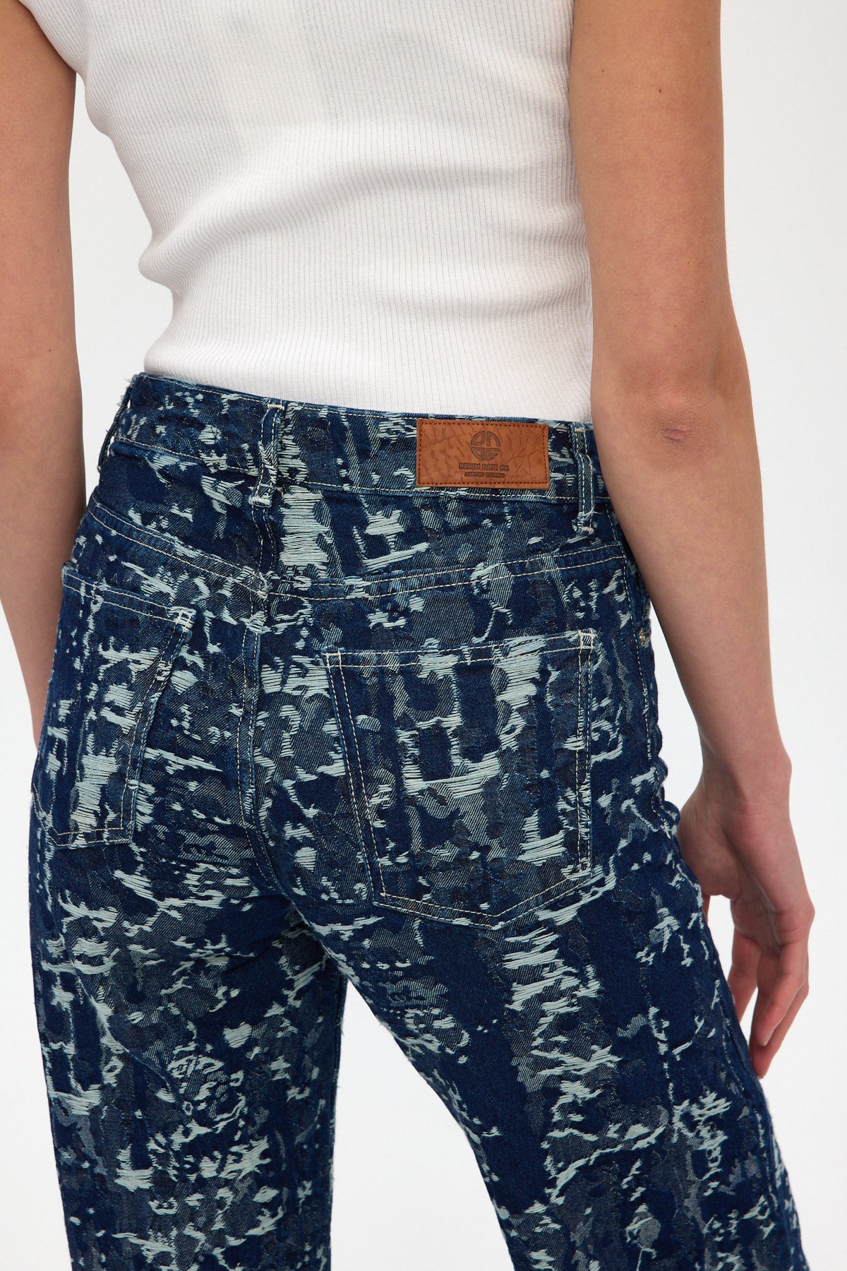 Indigo Jacquard High Rise Wide Leg Jeans