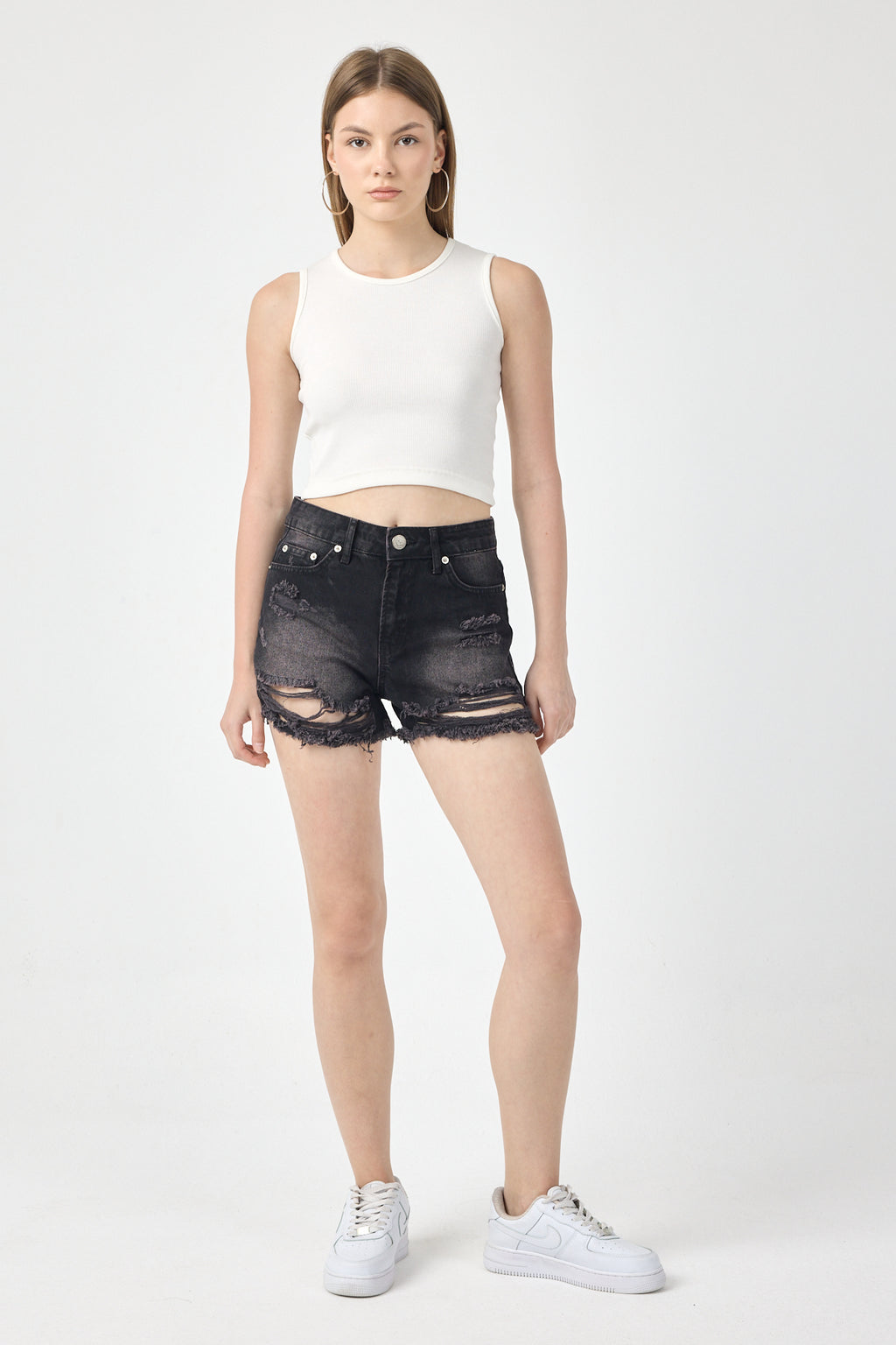 Black Ripped Denim Shorts for Women – Large Distressed