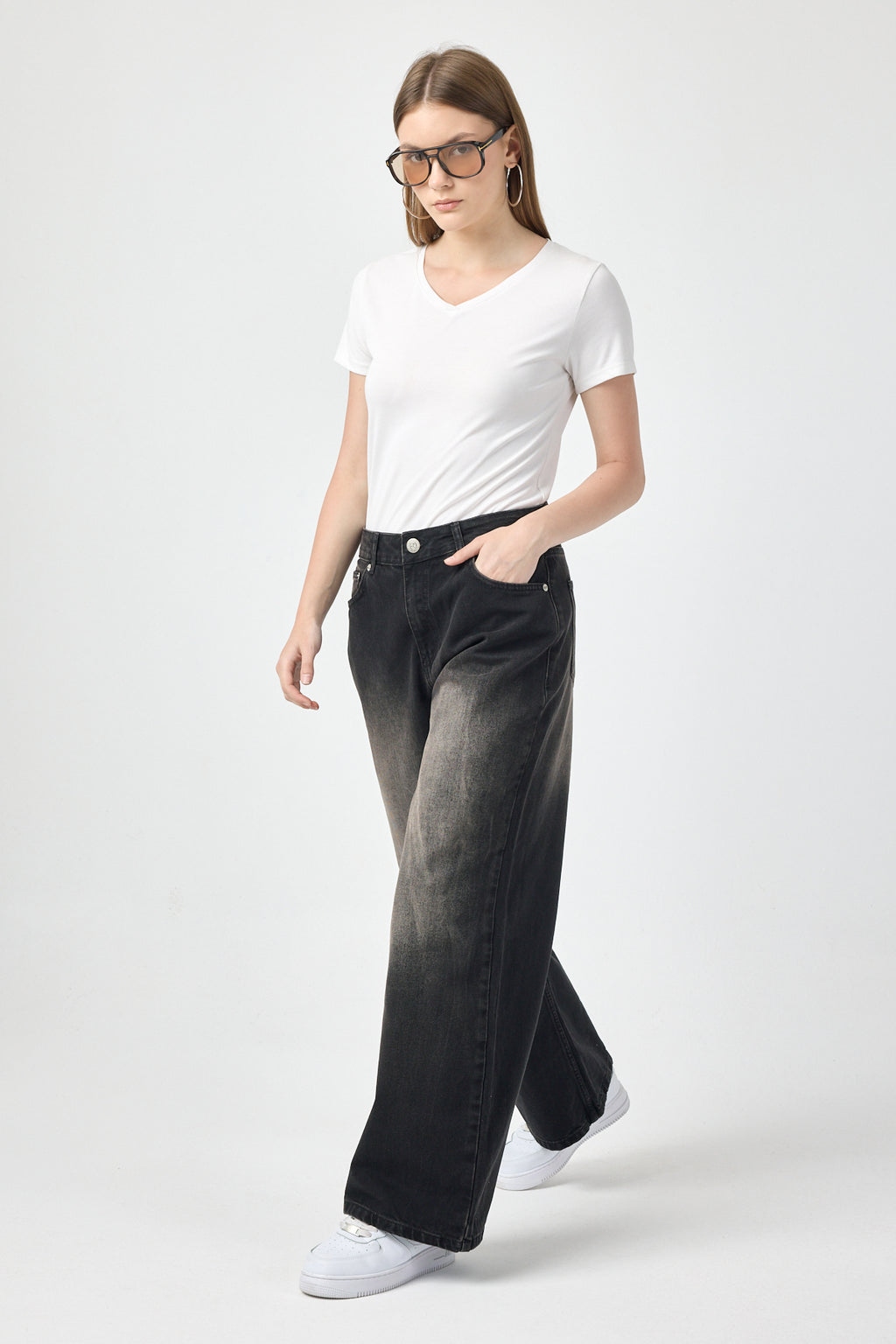 Washed Black Baggy Jeans for Women – Grey Fade