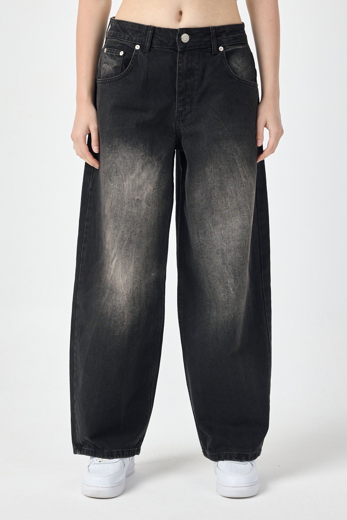 Washed Black Balloon Jeans for Women – Grey Fade
