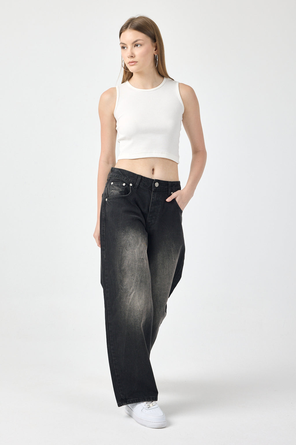 Washed Black Balloon Jeans for Women – Grey Fade