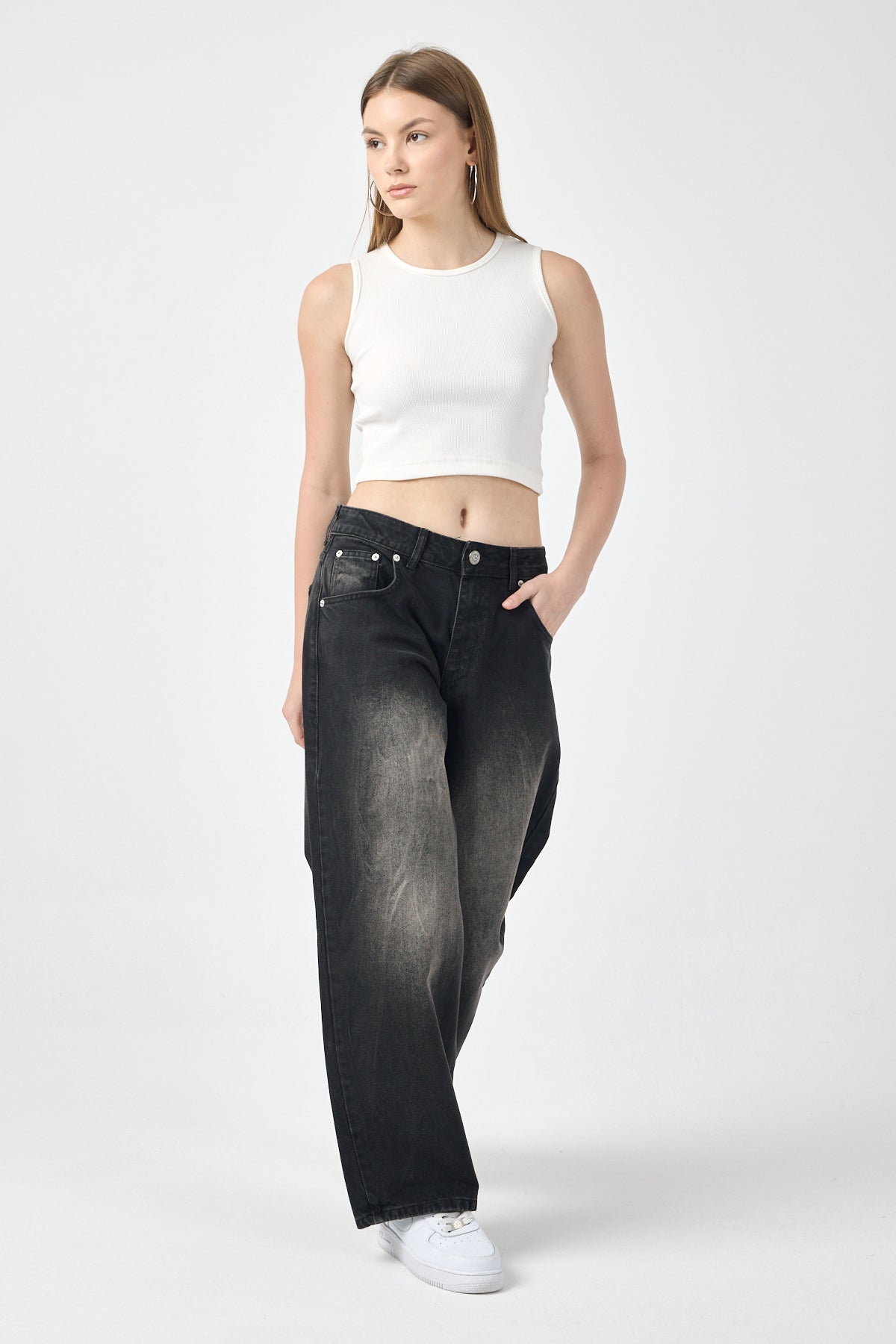 Washed Black Balloon Jeans for Women – Grey Fade