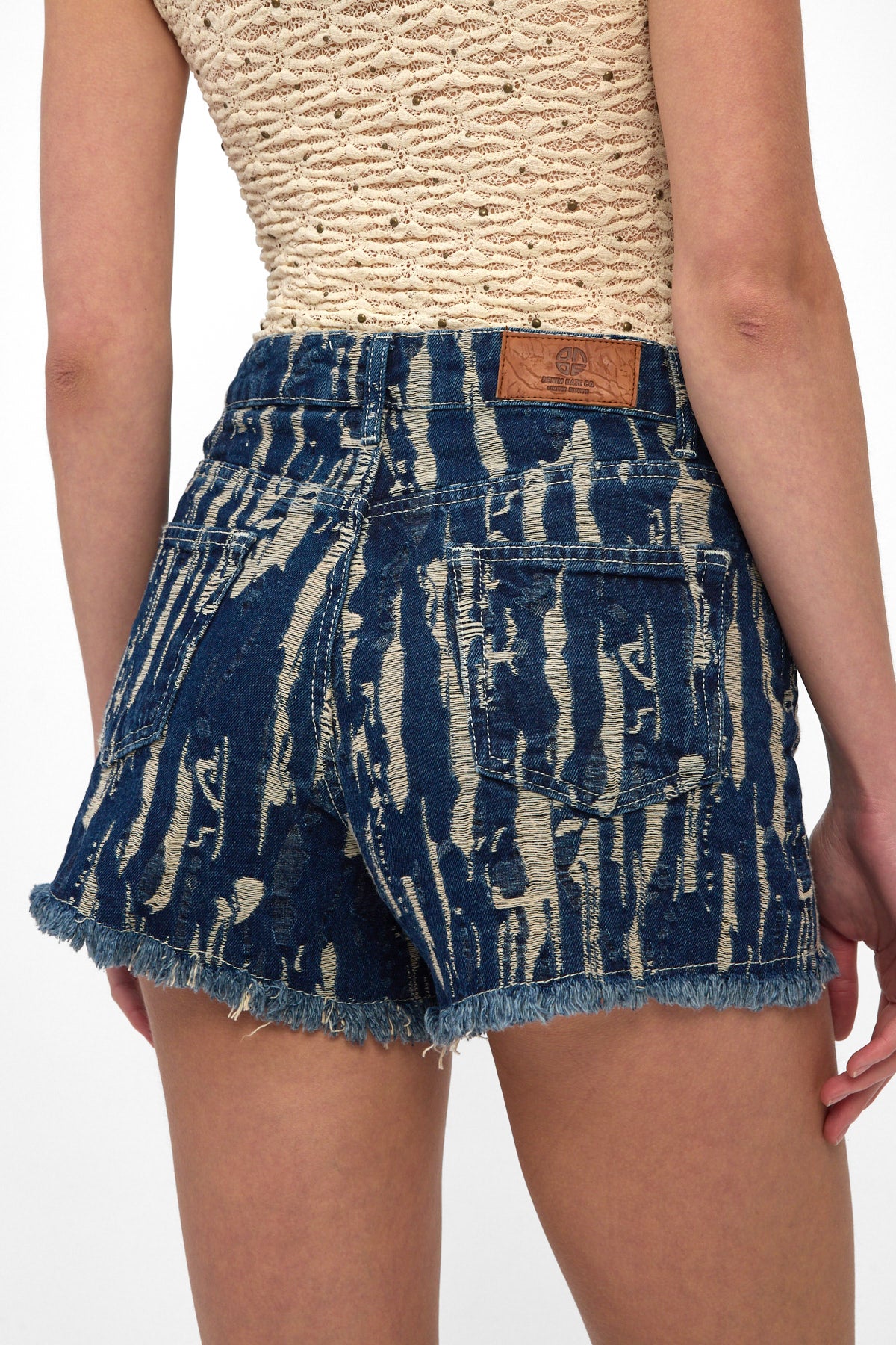Indigo Frayed Jacquard Denim Shorts