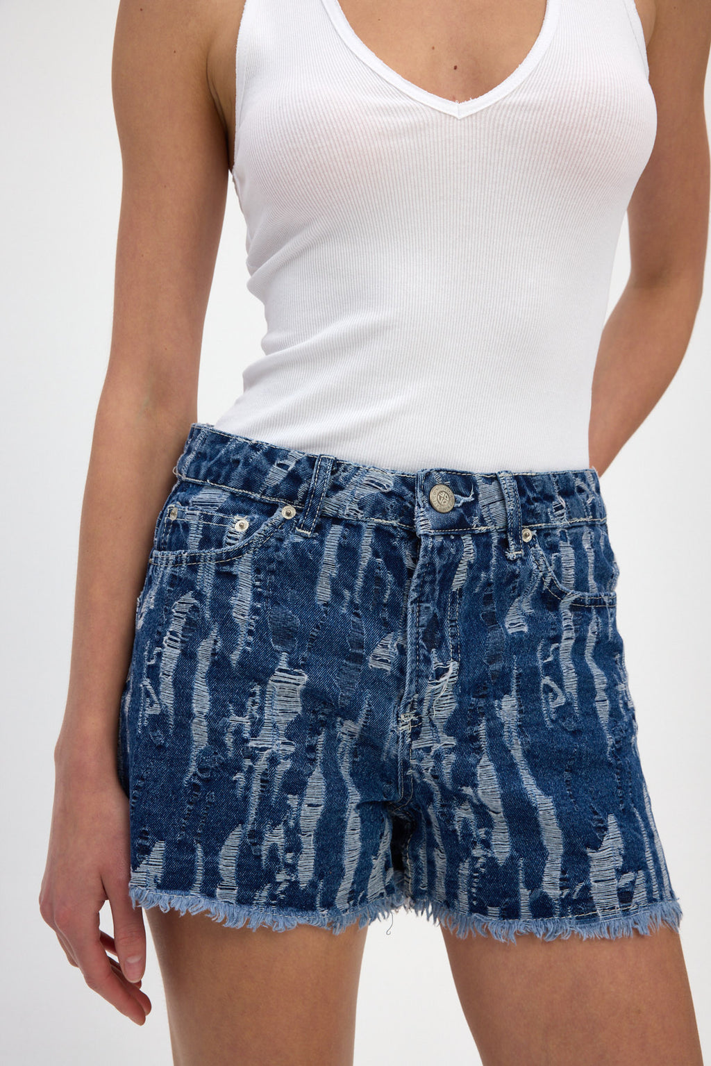 Light Indigo Frayed Jacquard Denim Shorts