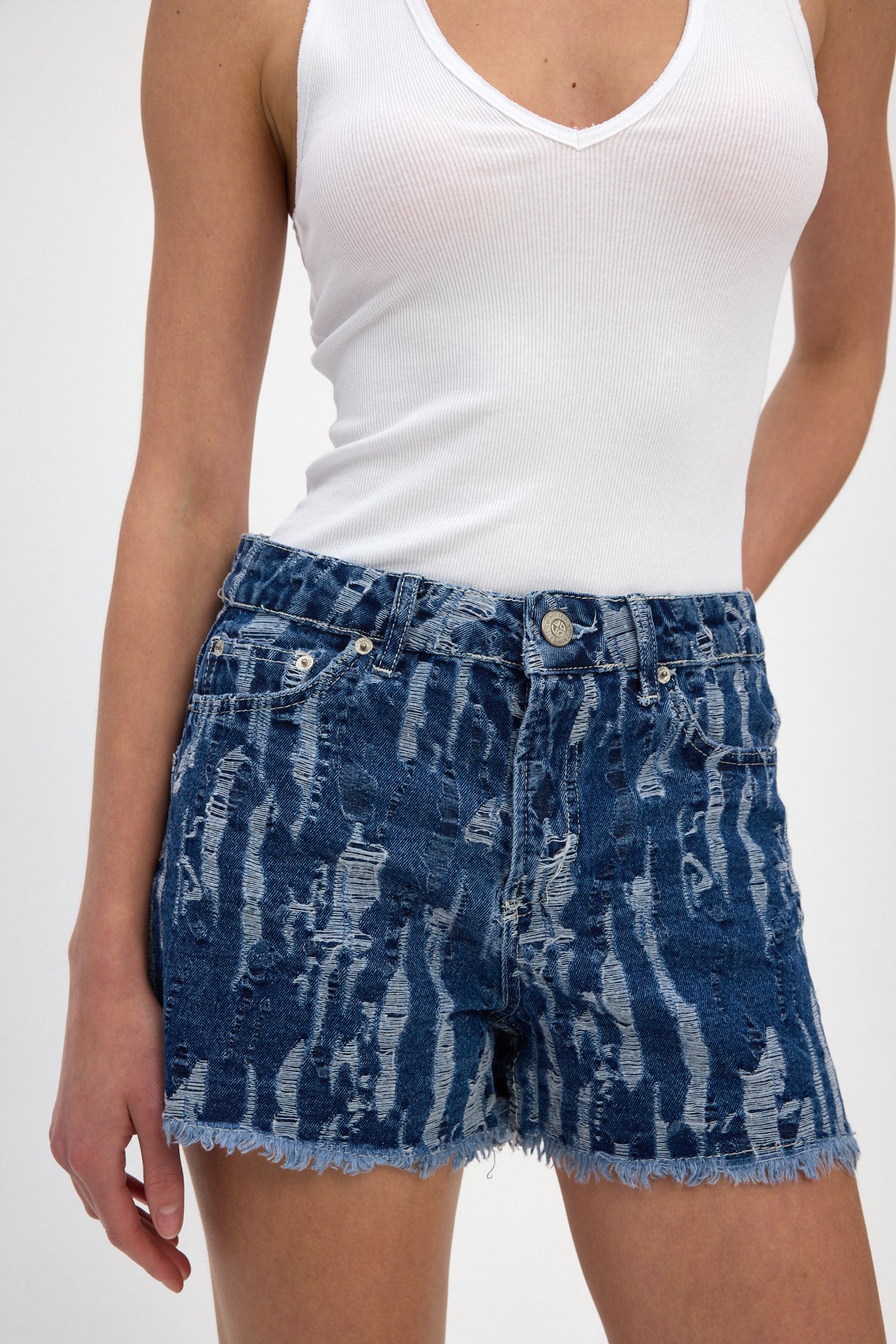 Light Indigo Frayed Jacquard Denim Shorts
