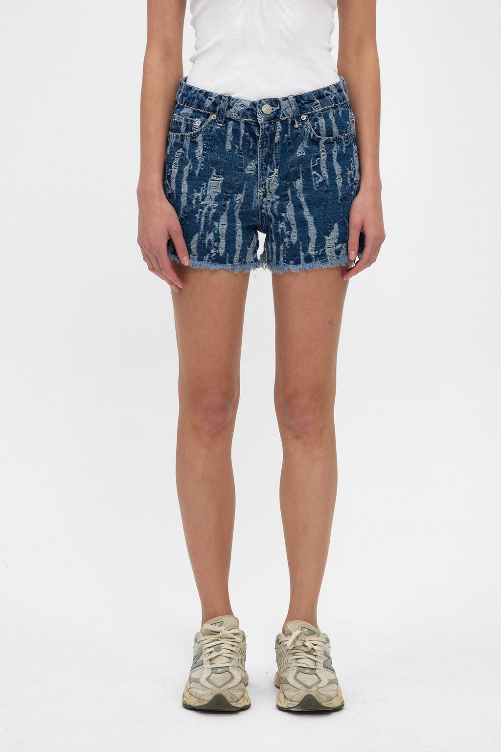 Light Indigo Frayed Jacquard Denim Shorts