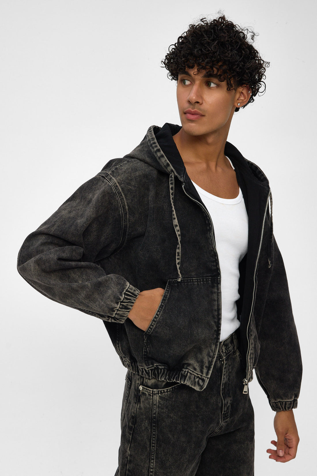 Acid Washed Black Hooded Zip Denim Jacket