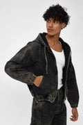 Acid Washed Black Hooded Zip Denim Jacket