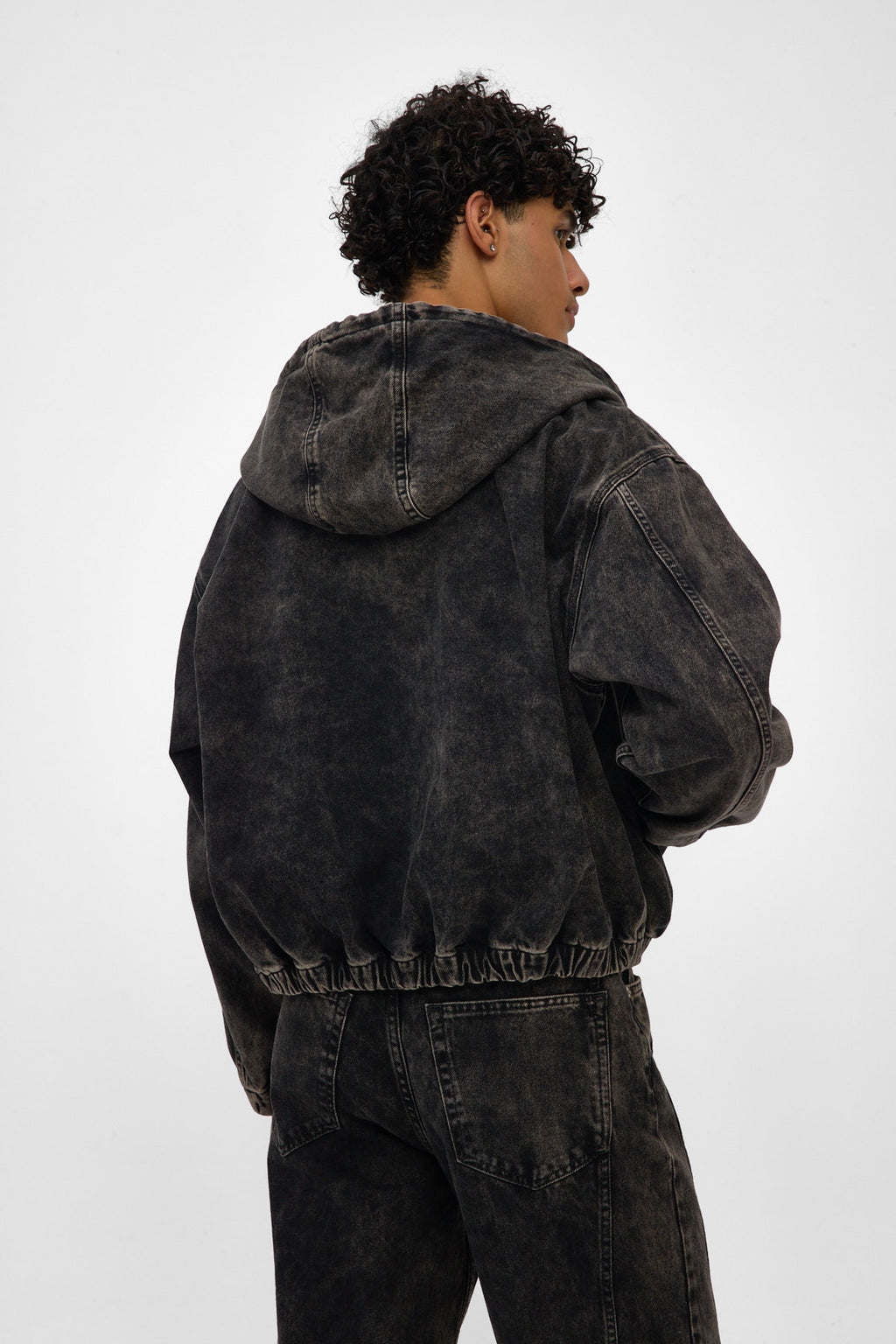 Acid Washed Black Hooded Zip Denim Jacket