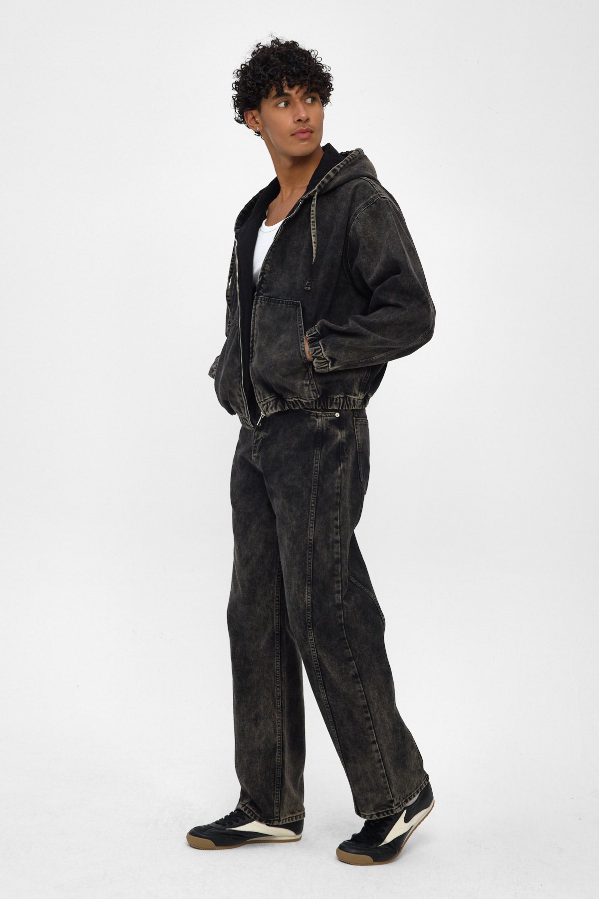Acid Washed Black Hooded Zip Denim Jacket